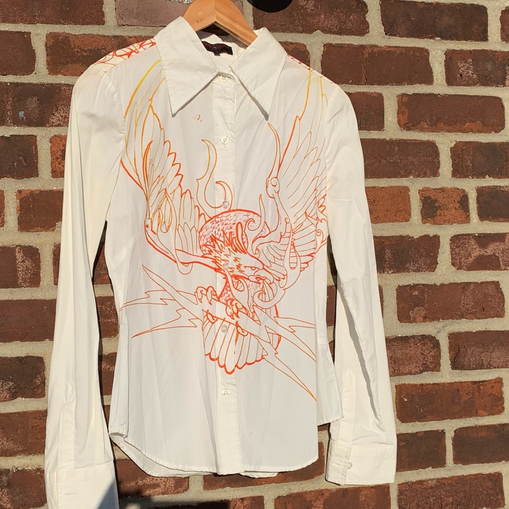 Raw 7 white button down. Screen print/rhinestones.
